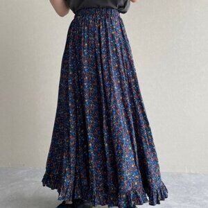 Lowry's Farm Japan Floral A-line Ruffle Midi Skirt Navy Blue Kawaii